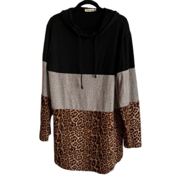 Southern Stitch Sweaters - Colorblock Leopard Print Hooded Sweater - Black, Gray & Brown